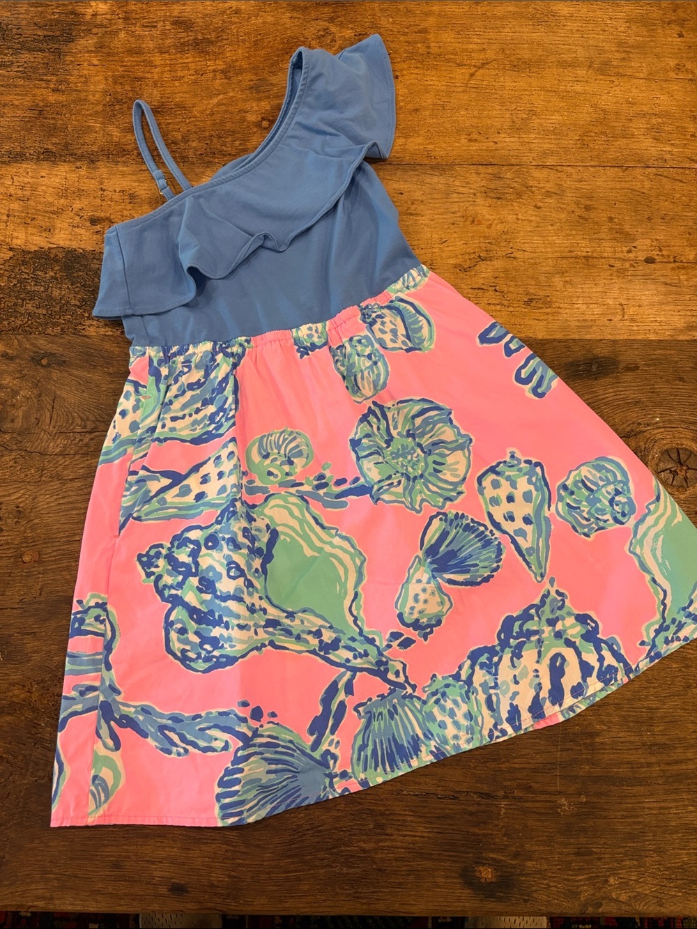 Lilly Pulitzer, “Sister dresses” Runa One-Shoulder Pink & Blue Shell-Print Dress